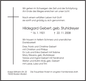 Traueranzeige von Hildegard Gebert von Tageszeitung
