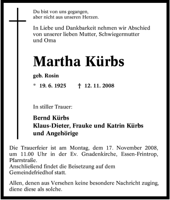 Traueranzeige von Martha Kürbs von Tageszeitung