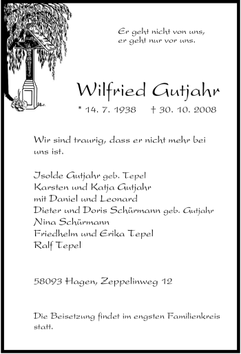 Traueranzeige von Wilfried Gutjahr von Tageszeitung