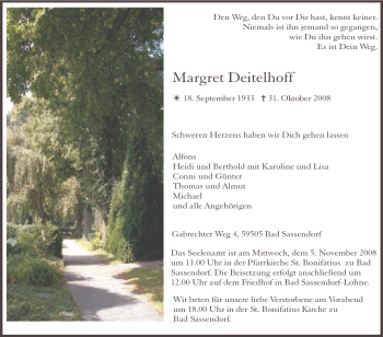 Traueranzeige von Margret Deitelhoff von Tageszeitung