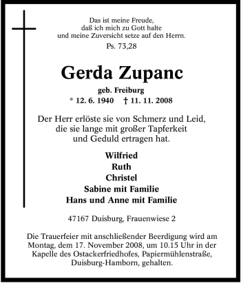 Traueranzeige von Gerda Zupanc von Tageszeitung
