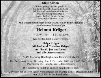 Traueranzeige von Helmut Kröger von Tageszeitung