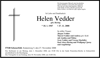 Traueranzeige von Helen Vedder von Tageszeitung