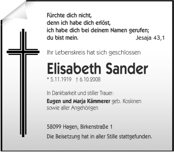 Traueranzeige von Elisabeth Sander von Tageszeitung