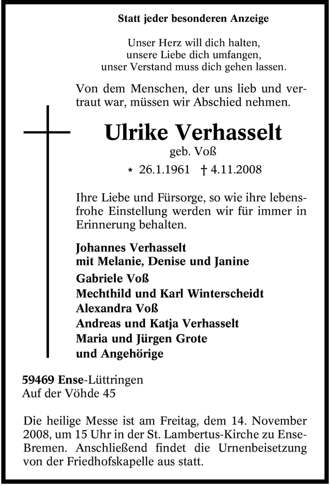  Traueranzeige für Ulrike Verhasselt vom 12.11.2008 aus Tageszeitung