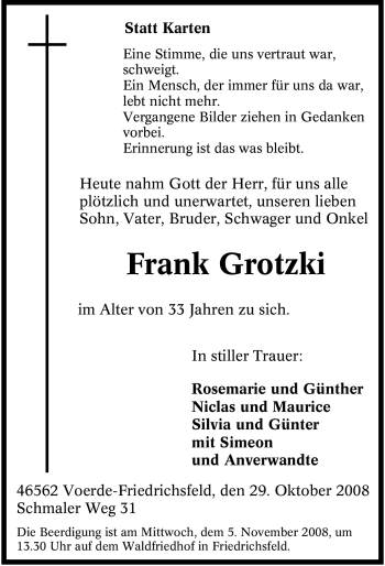 Traueranzeige von Frank Grotzki von Tageszeitung