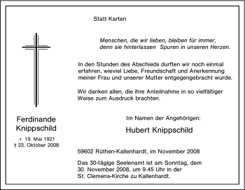 Traueranzeige von Ferdinande Knippschild von Tageszeitung