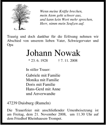 Traueranzeige von Johann Nowak von Tageszeitung