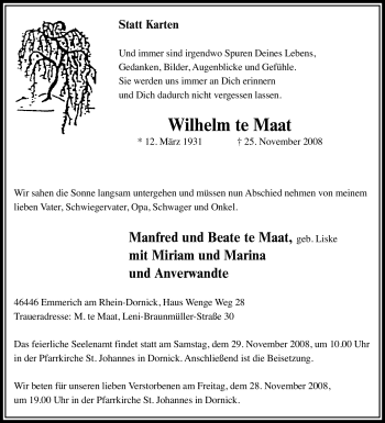 Traueranzeige von Wilhelm te Maat von Tageszeitung