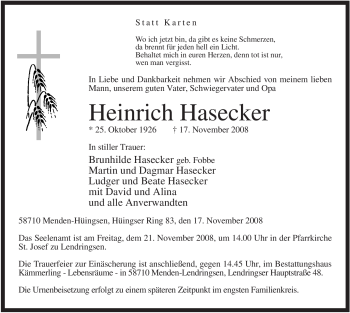 Traueranzeige von Heinrich Hasecker von Tageszeitung