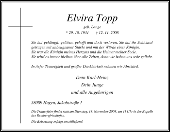 Traueranzeige von Elvira Topp von Tageszeitung