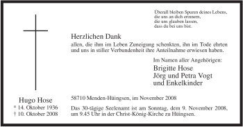 Traueranzeige von Hugo Hose von Tageszeitung