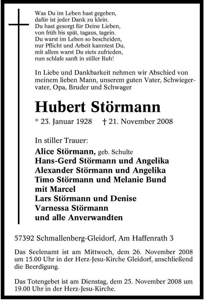  Traueranzeige für Hubert Störmann vom 24.11.2008 aus Tageszeitung