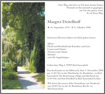 Traueranzeige von Margret Deitelhoff von Tageszeitung