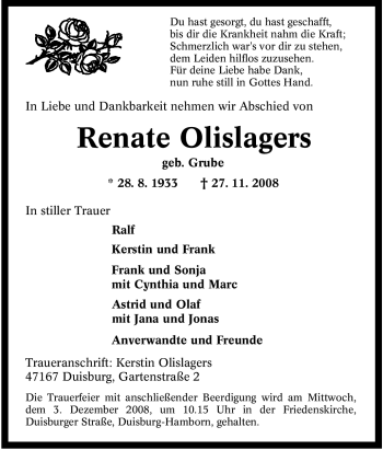Traueranzeige von Renate Olislagers von Tageszeitung