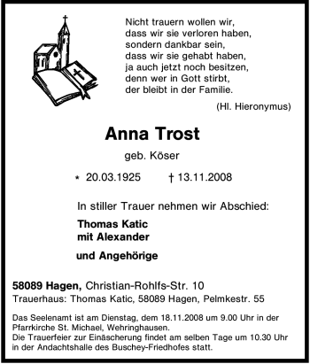 Traueranzeige von Anna Trost von Tageszeitung