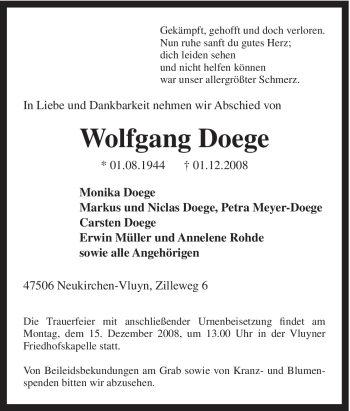 Traueranzeige von Wolfgang Doege von Tageszeitung