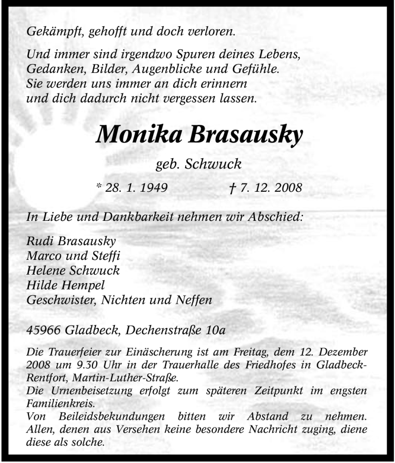  Traueranzeige für Monika Brasausky vom 10.12.2008 aus Tageszeitung