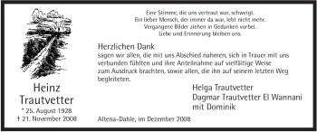 Traueranzeige von Heinz Trautvetter von Tageszeitung