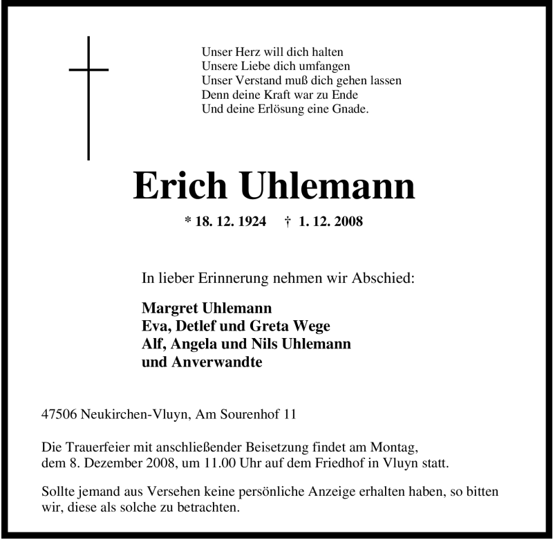  Traueranzeige für Erich Uhlemann vom 04.12.2008 aus Tageszeitung