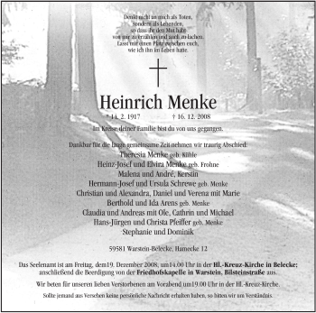 Traueranzeige von Heinrich Menke von Tageszeitung