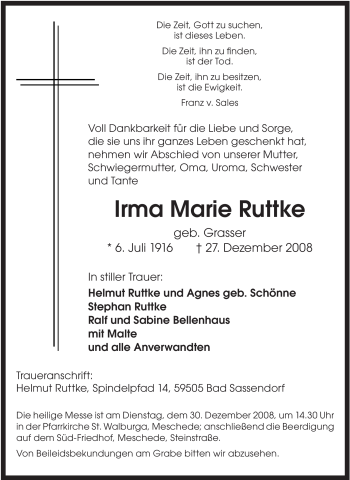 Traueranzeige von Irma Marie Ruttke von Tageszeitung