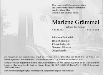 Traueranzeige von Marlene Grämmel von Tageszeitung