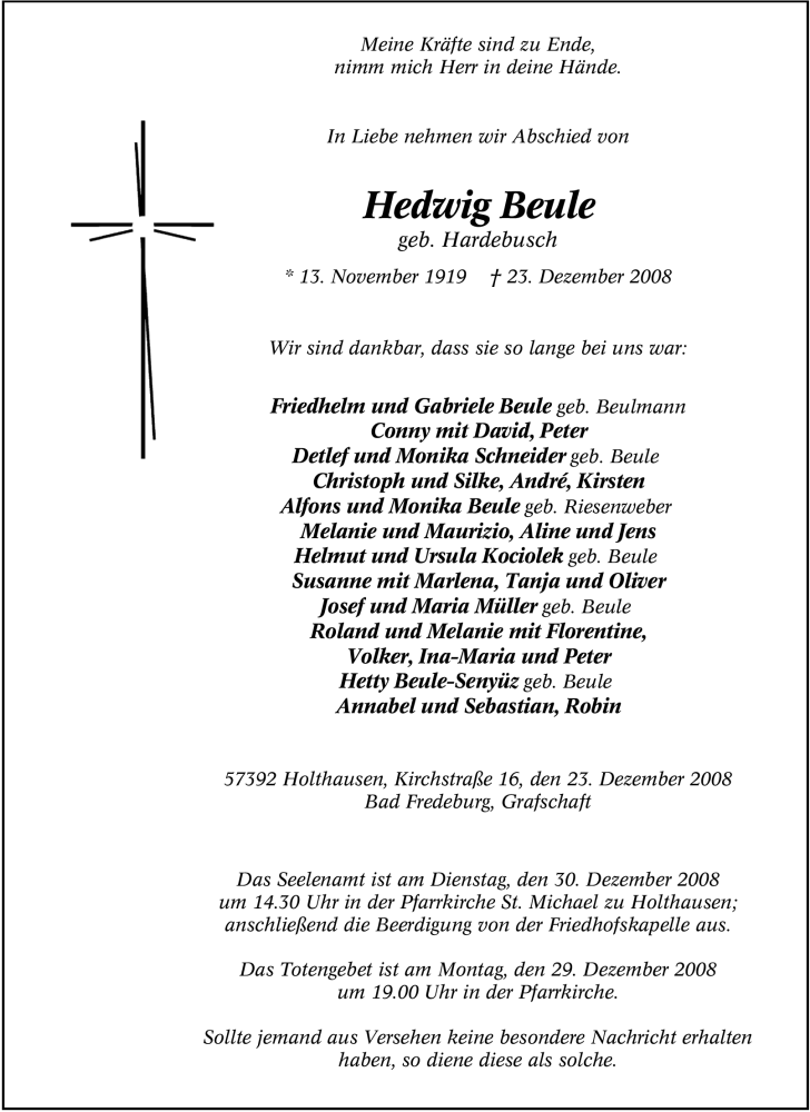  Traueranzeige für Hedwig Beule vom 27.12.2008 aus Tageszeitung