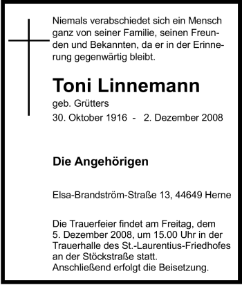 Traueranzeige von Toni Linnemann von Tageszeitung