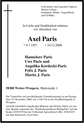 Traueranzeige von Axel Paris von Tageszeitung