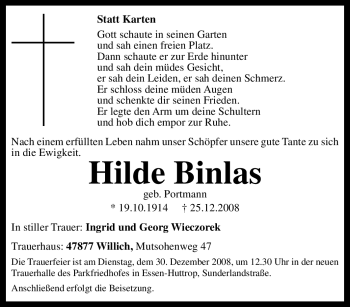 Traueranzeige von Hilde Binlas von Tageszeitung