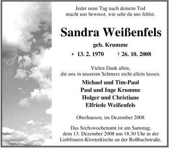 Traueranzeige von Sandra Weißenfels von Tageszeitung