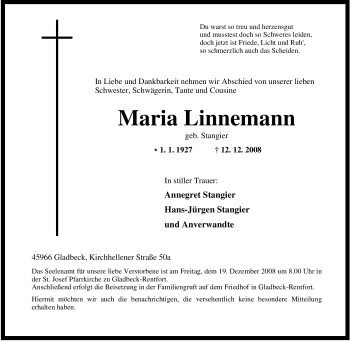 Traueranzeige von Maria Linnemann von Tageszeitung