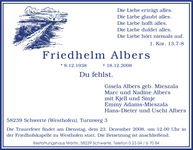  Traueranzeige für Friedhelm Albers vom 20.12.2008 aus Tageszeitung