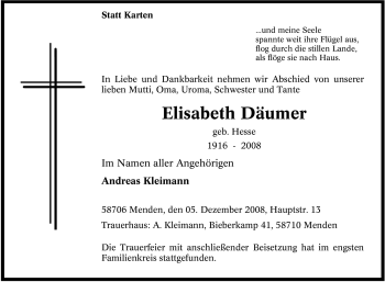 Traueranzeige von Elisabeth Däumer von Tageszeitung