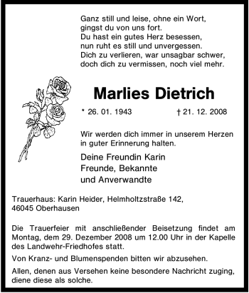 Traueranzeige von Marlies Dietrich von Tageszeitung