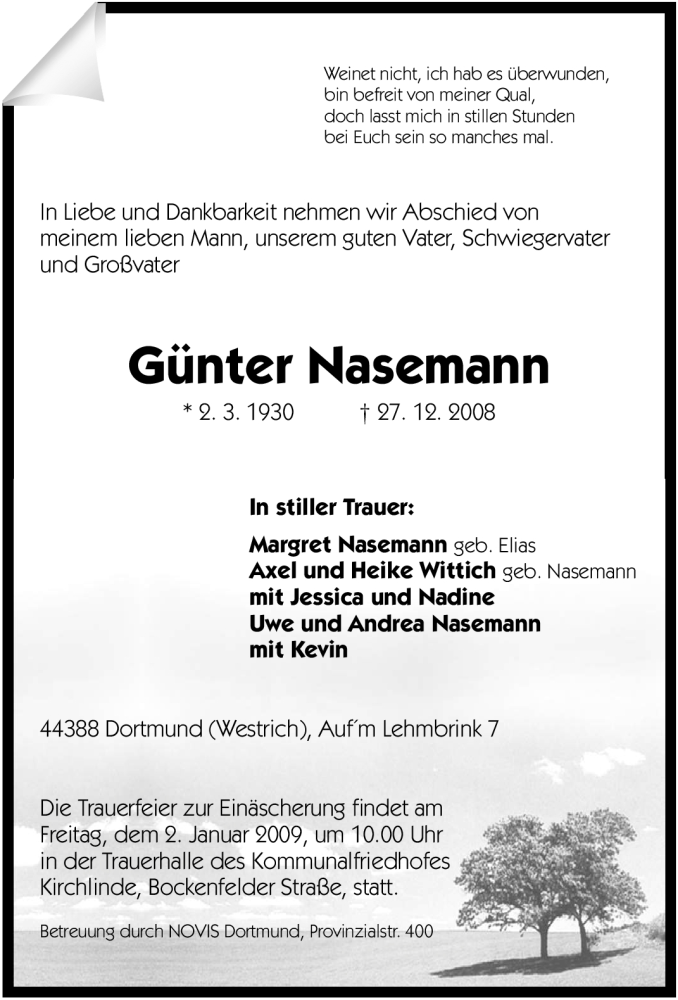  Traueranzeige für Günter Nasemann vom 30.12.2008 aus Tageszeitung