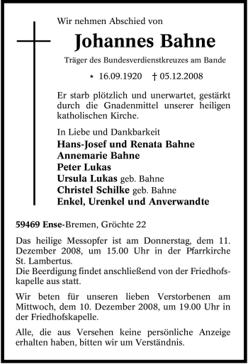 Traueranzeige von Johannes Bahne von Tageszeitung