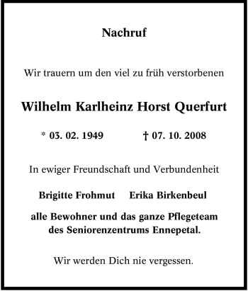 Traueranzeige von Wilhelm Karlheinz Horst Querfurt von Tageszeitung