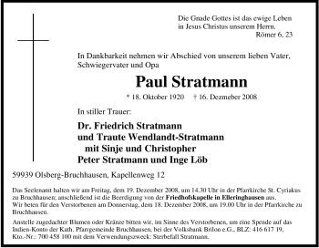 Traueranzeige von Paul Stratmann von Tageszeitung