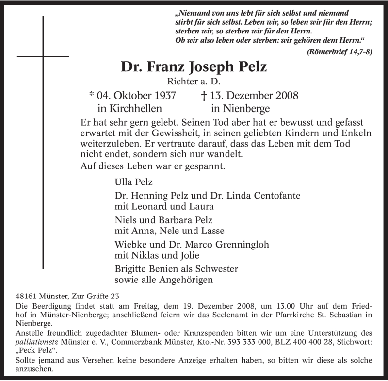  Traueranzeige für Franz Joseph Pelz vom 16.12.2008 aus Tageszeitung