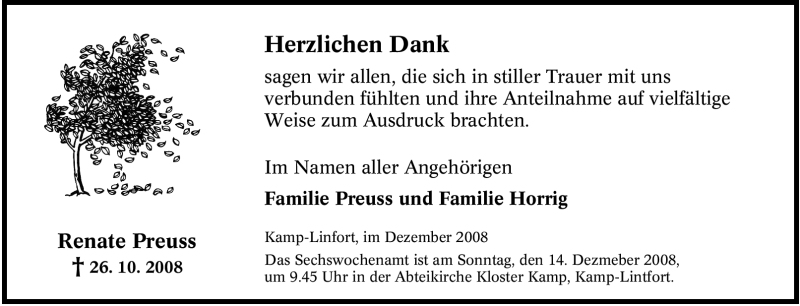  Traueranzeige für Renate Preuss vom 12.12.2008 aus Tageszeitung