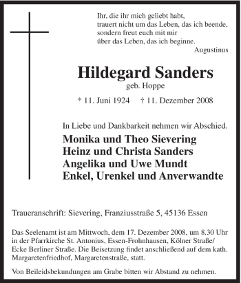 Traueranzeige von Hildegard Sanders von Tageszeitung