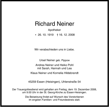 Traueranzeige von Richard Neiner von Tageszeitung