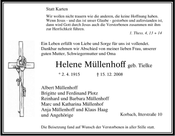 Traueranzeige von Helene Müllenhoff von Tageszeitung