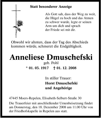 Traueranzeige von Anneliese Dmuschefski von Tageszeitung