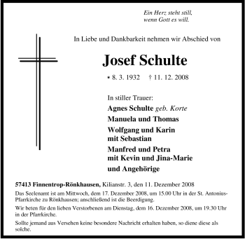 Traueranzeige von Josef Schulte von Tageszeitung