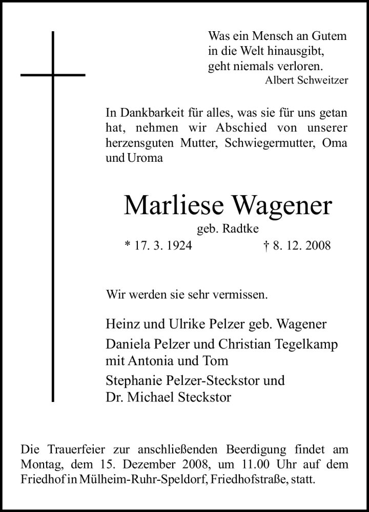  Traueranzeige für Marliese Wagener vom 11.12.2008 aus Tageszeitung