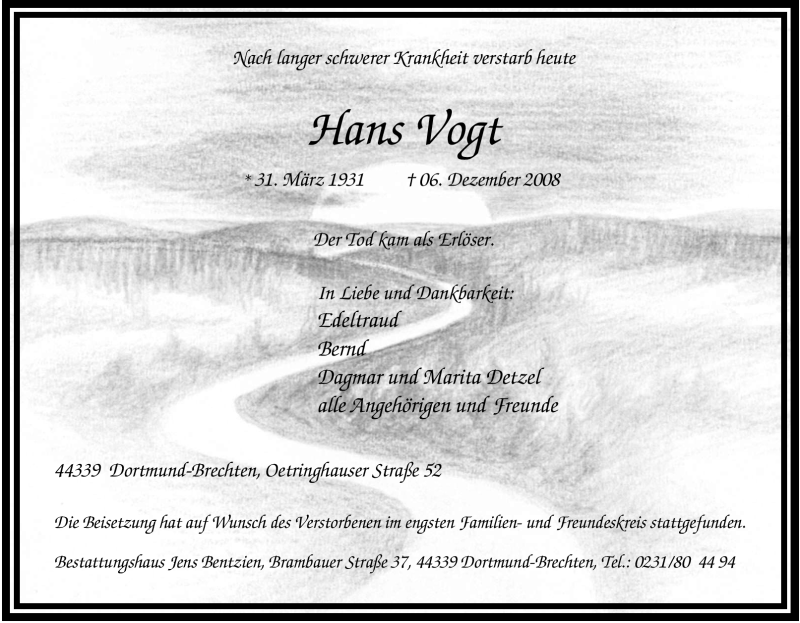  Traueranzeige für Hans Vogt vom 12.12.2008 aus Tageszeitung