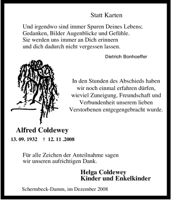 Traueranzeige von Alfred Coldewey von Tageszeitung